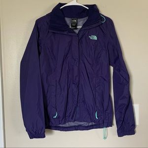 Purple and teal north face rain jacket